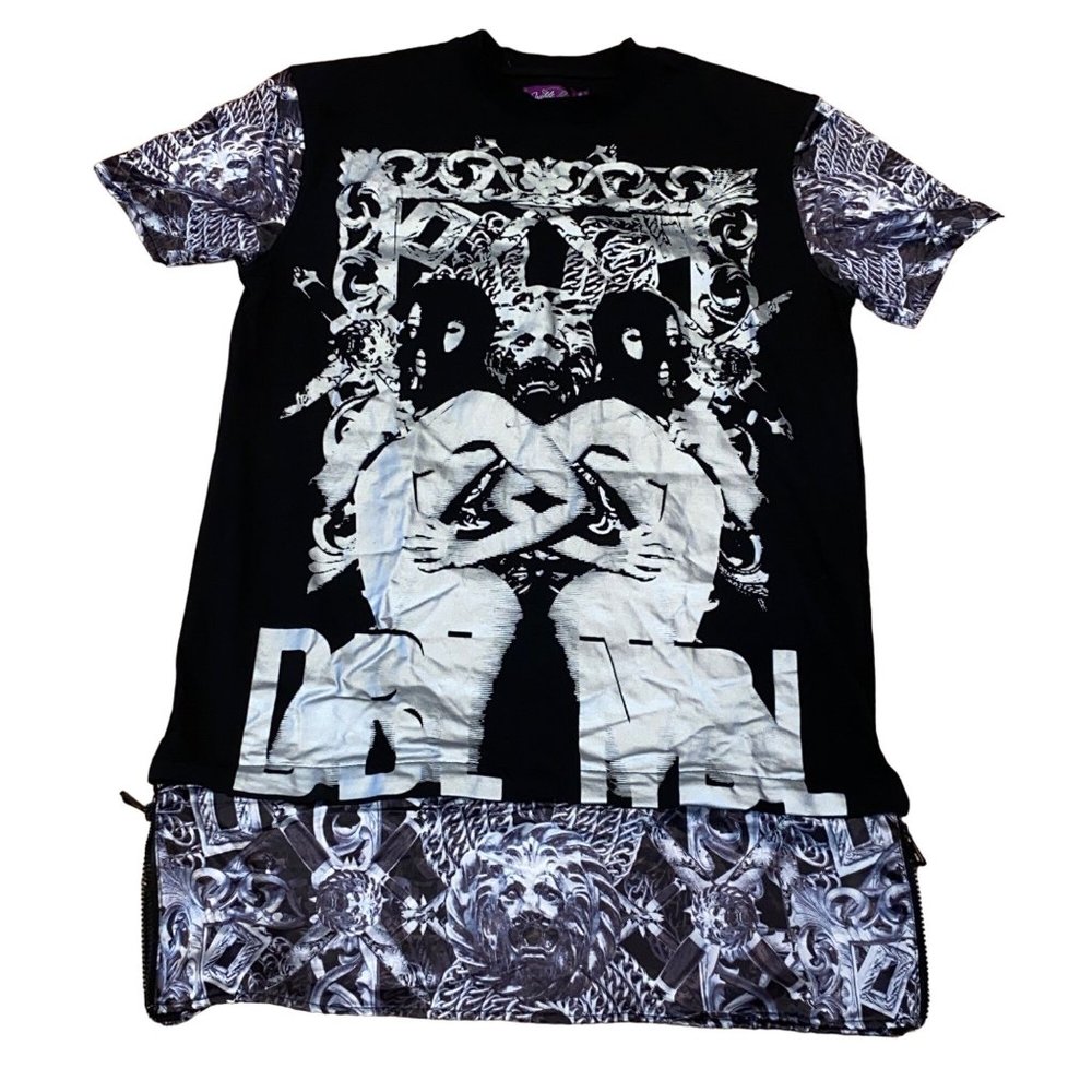 Double Needle Black Silver Tee Shirt Size Medium Mens Womens Graphic Cotton